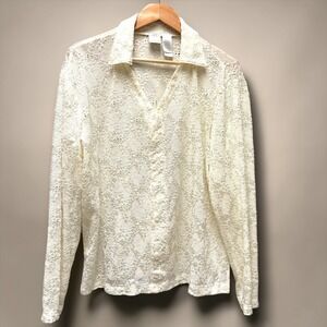 Emma James Liz Claiborne Ivory Floral Lace V-Neck Long Sleeve Blouse XL